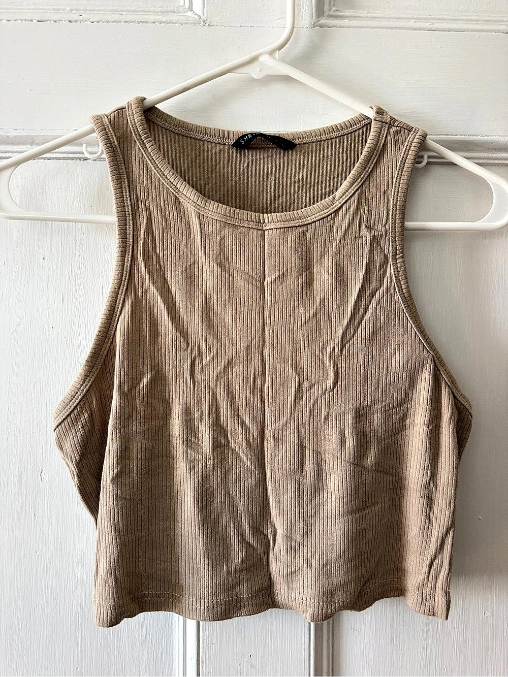 SHEIN Solid Rib-Knit Crop Tank Top Brown Size Medium